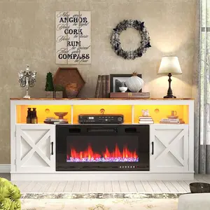 70.8" Farmhouse Fireplace TV Stand For 70/75/80 Inch TV, 32"Tall Entertainment Center W/ 36"Electric Fireplace & LED Light,Media Console W/Barn Door Cabinet For Living Room Wall Mounted Floating with