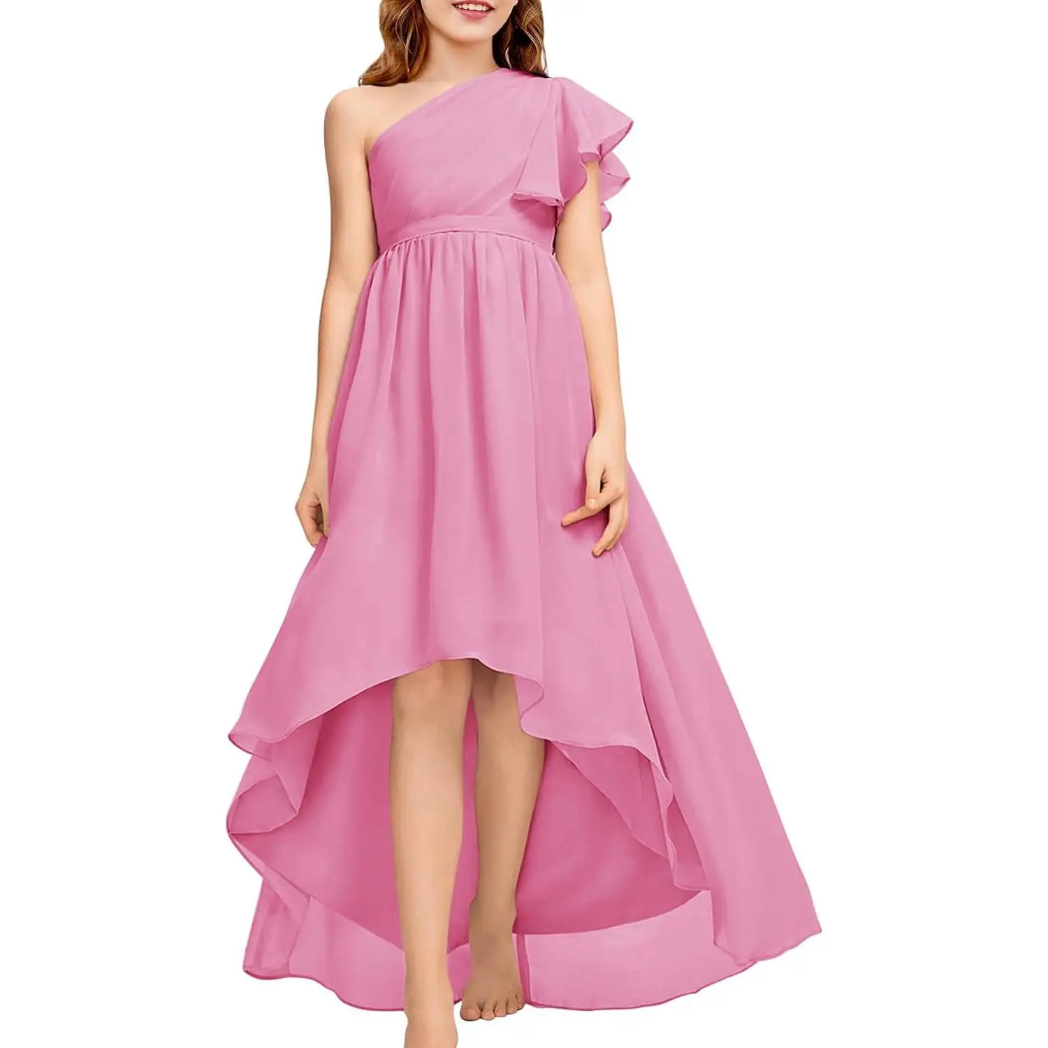 Haloumoning Flower Girls One Shoulder Ruffle Dresses Flowy A-line Twirl Sleeveless Dress Cute Wedding Prom Party Gowns