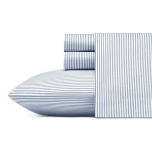 Queen Printed Pattern Percale Cotton Sheet Set Blue Stripe - Poppy & Fritz