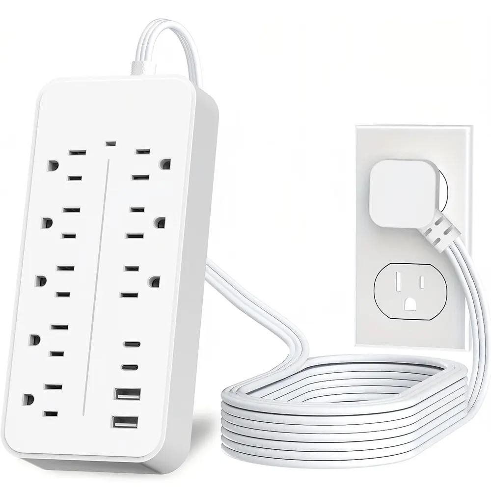 White Flat Extension Cord Power Strip - 8 Outlets, 4 USB Ports, Under Carpet Use, Overload Protection, Aesthetic Room Accessories for Home & Office Electrical Devices, Essential Electrical Accessories