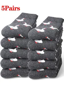 5 Pairs Women's Winter Warm Socks, Soft and Thick, Swan Pattern, Calf High, Slim-Fitting, Fall & Winter Essential, Colorblock Design