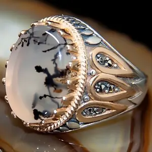 Men's Handmade Retro Ink Moonstone Two Tone Turkish Ring
