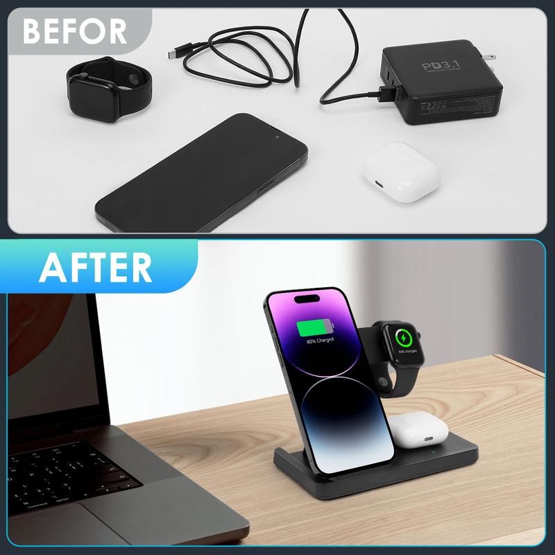 3-in-1 Fast Wireless Charger for iPhone 8-17, Apple Watch, AirPods Pro | Includes 18W Adapter | 15W iPhone + 7.5W Watch + 10W Earbuds Fast Charging | Safe & Stable with Anti-Slip Base