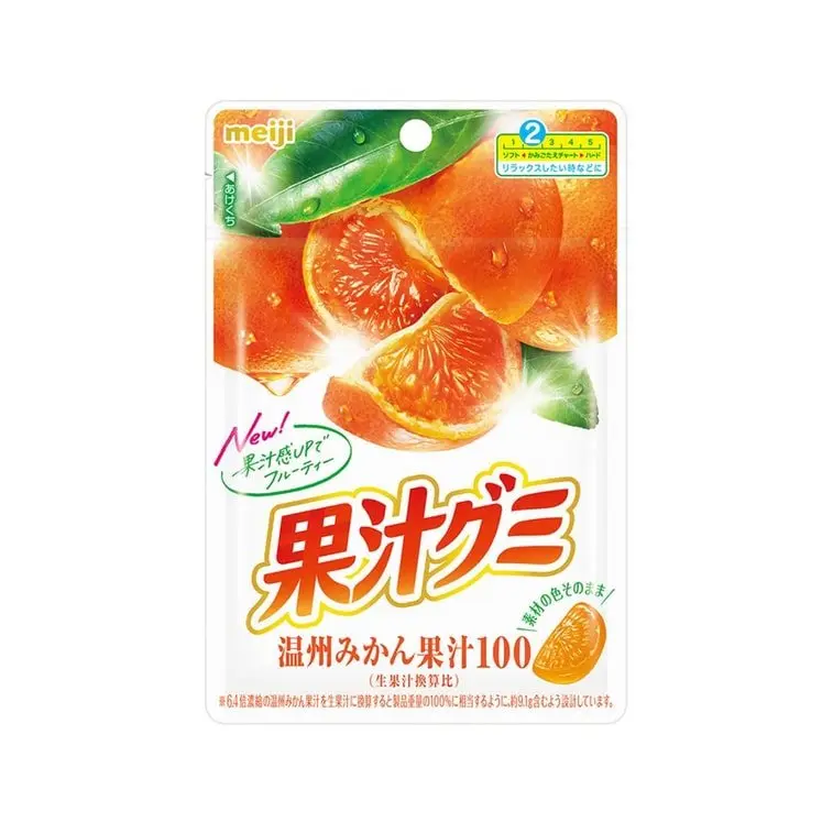 MEIJI Soft Chewable Candies - Sweet Juicy Unshuu Mikan Flavor Snacks with Real Fruit, Fruit Juice, Nostalgic Treat, Ambient Storage - 54g