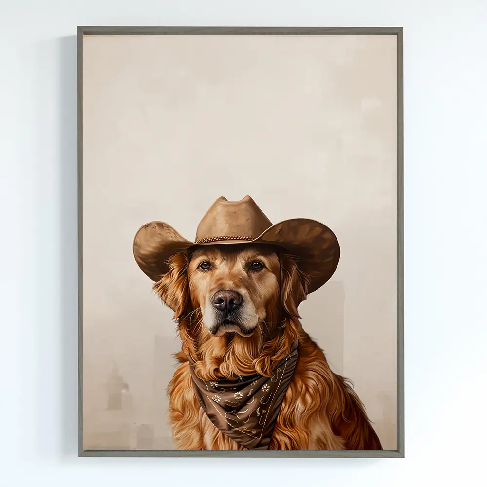 Dogs Cowboy Cowgirl Hat Print, Dogs Neutral Aesthetic Vintage Art, Trendy Funky Western Art Wall Art, Unique Gift for Men Dad Animal Lovers, Unf