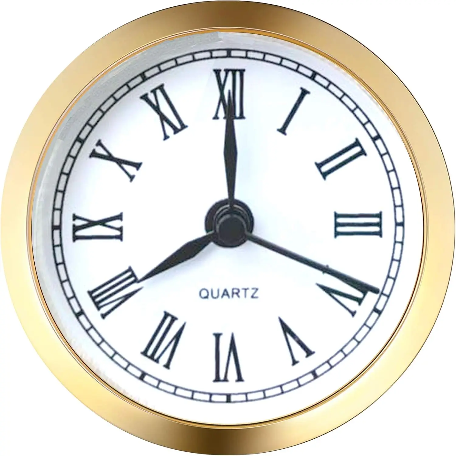 1 x Mini Analog Quartz Clock Insert - Gold Bezel, 2.4in (61mm) Round White Dial with Roman Numerals, Glass & Rubber Components, Secures Face, Fits in Glass and Crystal Clocks, Indoor Home Decor Accessory (Non-Weather Resistant)