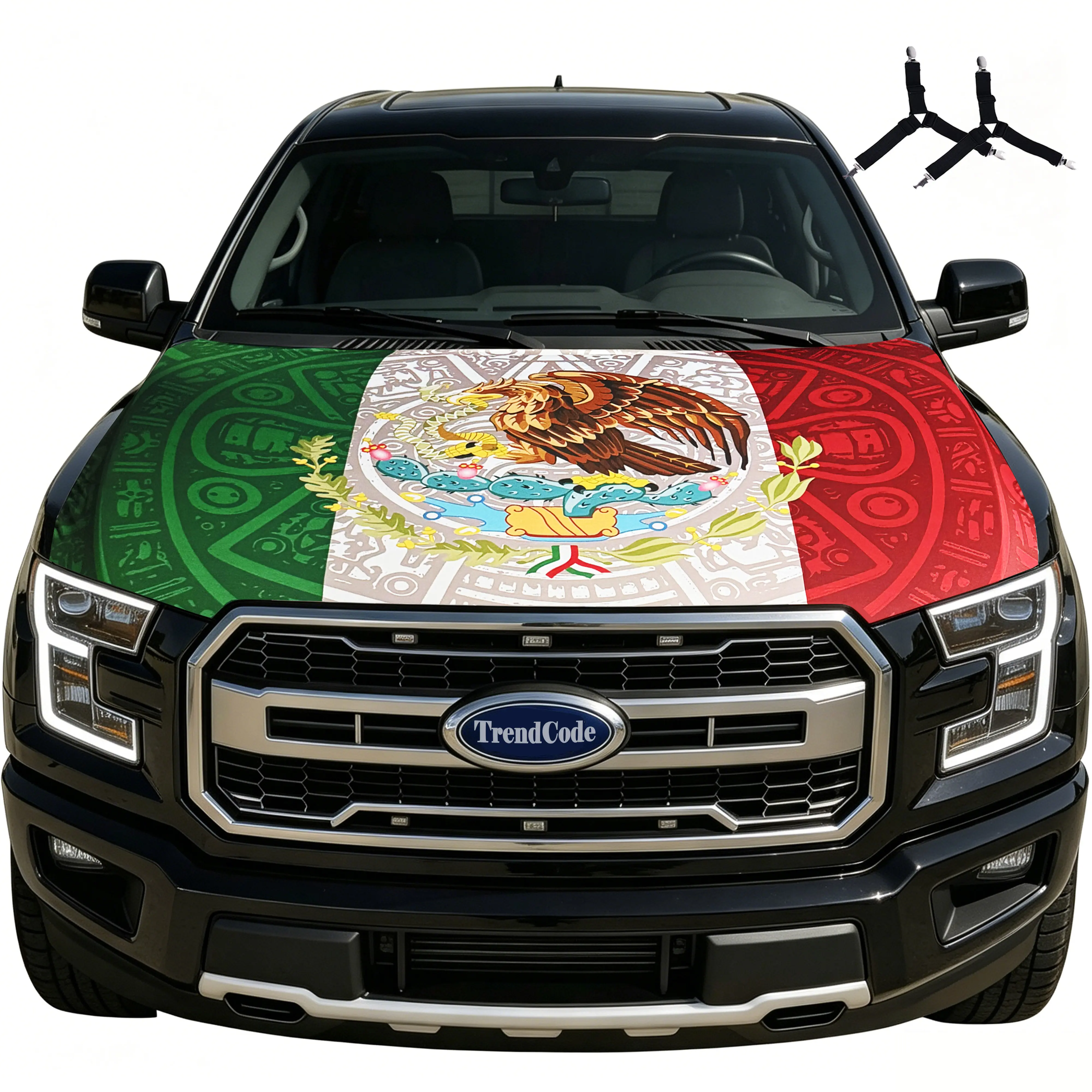 Mexican Flag Aztec Design Car Hood Cover - Universal Fit for Most Trucks SUVs, Car Accessories, Auto Accessories, Patriotic Decoration for Holidays & Celebrations, Cars Accessories