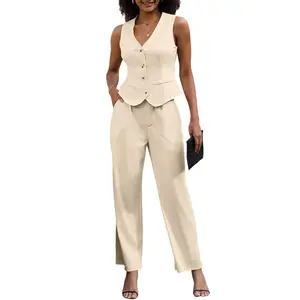 Saledress Outfits Women's 2 Piece Outfits Elegant Blazer Vest Pockets Wide Leg Pant Suit Casual Matching Set Button Sleeveless Solid Summer Chic Womenswear