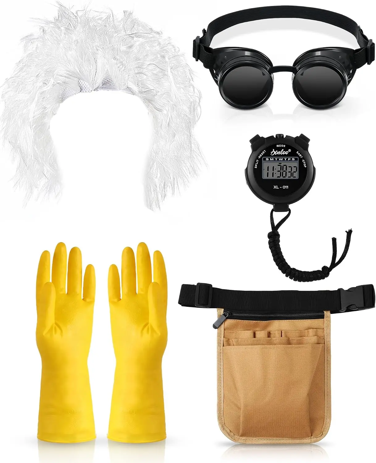 5 Pcs Halloween Mad Scientist Costume Accessory Set Includes Mad Scientist Wig, Goggles Glasses, Rubber Gloves, Tool Belt, Stopwatch for Men Adults Party Cosplay