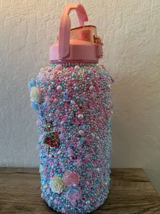 Tumbler with Pink Handle & Colorful Beads Decorative Water Bottle for Daily Use Stylish Reusable Portable Drinkware Cup