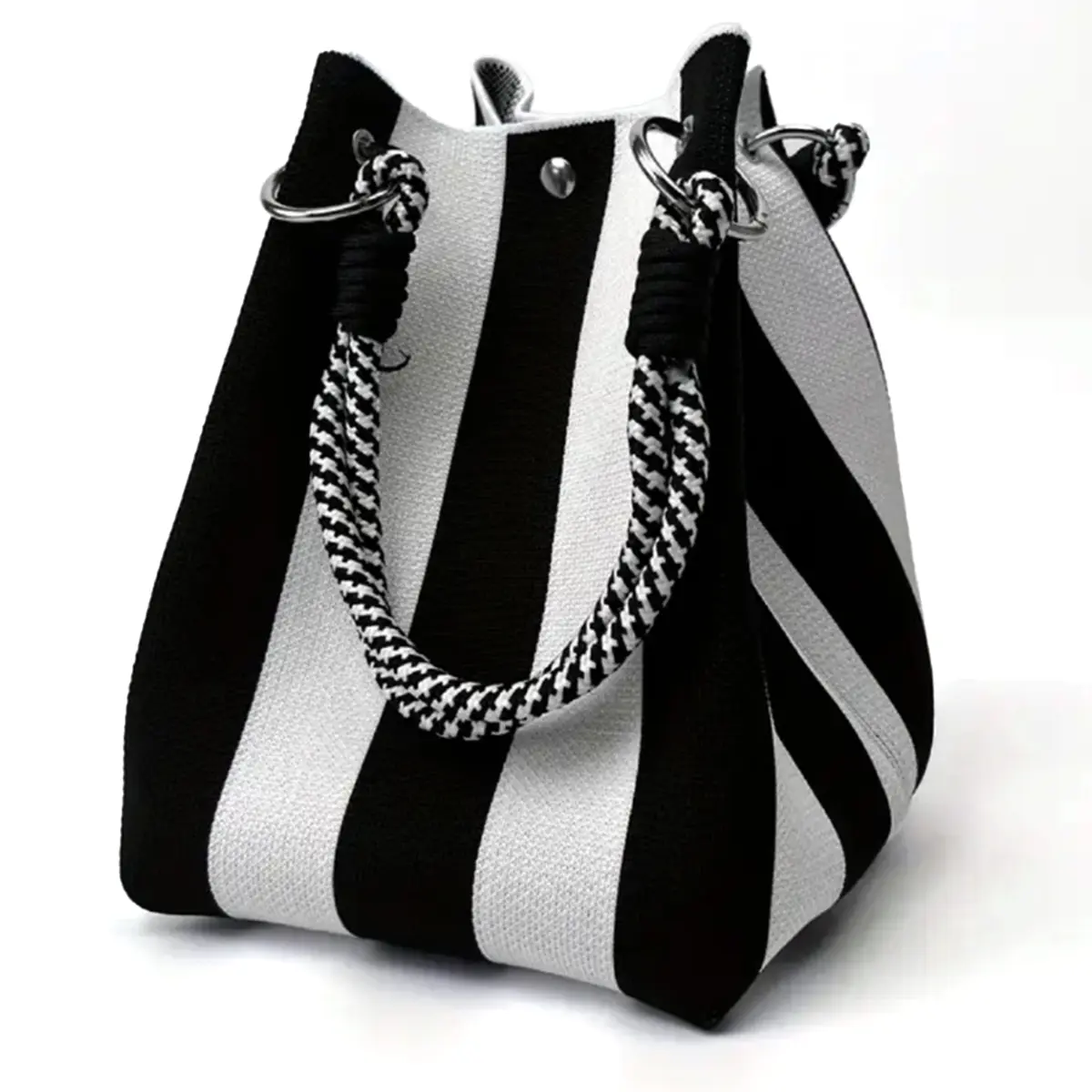Women Striped Mini Crochet Knit Bucket Bag, Lightweight Portable Shoulder Tote Purse, Small Handbag Ideal for Beach, Vacation, Weekend Travel & Daily Outings