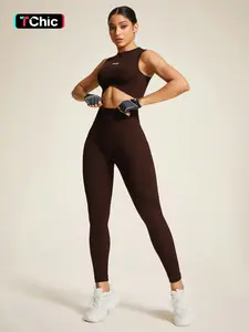 Two-piece Women's Letter Pattern Crop Tank Top & High Waist Leggings Set, Casual Comfy Breathable Seamless Skinny Sportswear for Yoga Gym Workout Running Outfits, Ladies Sportswear for All Seasons