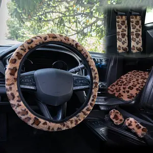 Leopard Print Fuzzy Car Steering Wheel Cover Set, 6 Pcs Winter Warm Fluffy Plush, Universal Fit Anti-Slip, Car Truck Suv Accessories