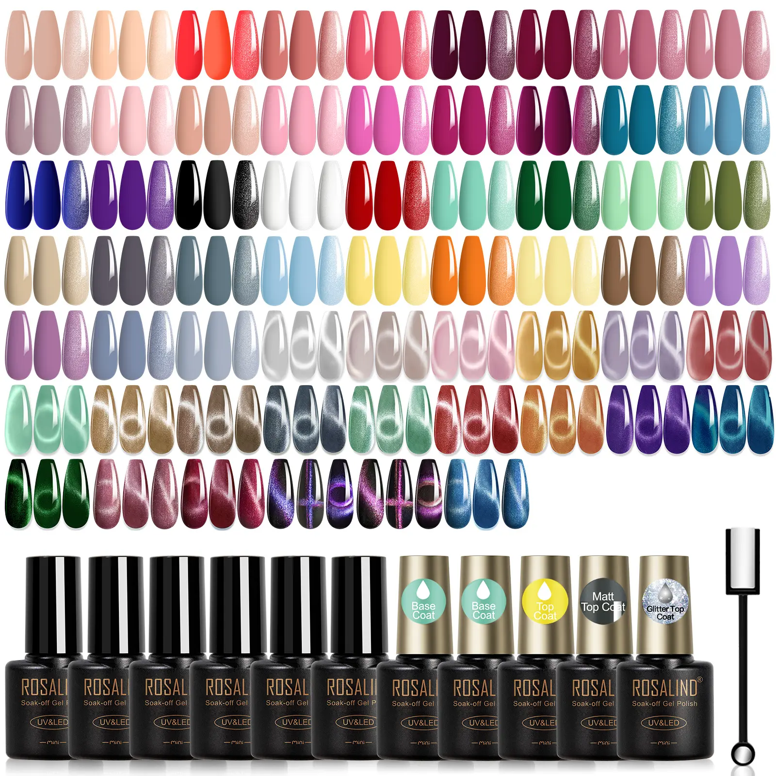 ROSALIND 65-Pcs Gel Nail Polish Kit, Multi-Color Cat Eye Set with Magnet, Nude Red Purple Blue Green Shades, Essential Base & Top Coats, No-Wipe Glossy Matt Glitter Top, Soak-Off for Home & Salon Use