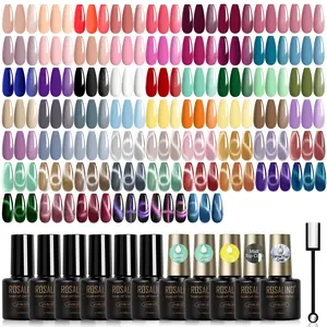 ROSALIND 65-Pcs Gel Nail Polish Kit, Multi-Color Cat Eye Set with Magnet, Nude Red Purple Blue Green Shades, Essential Base & Top Coats, No-Wipe Glossy Matt Glitter Top, Soak-Off for Home & Salon Use