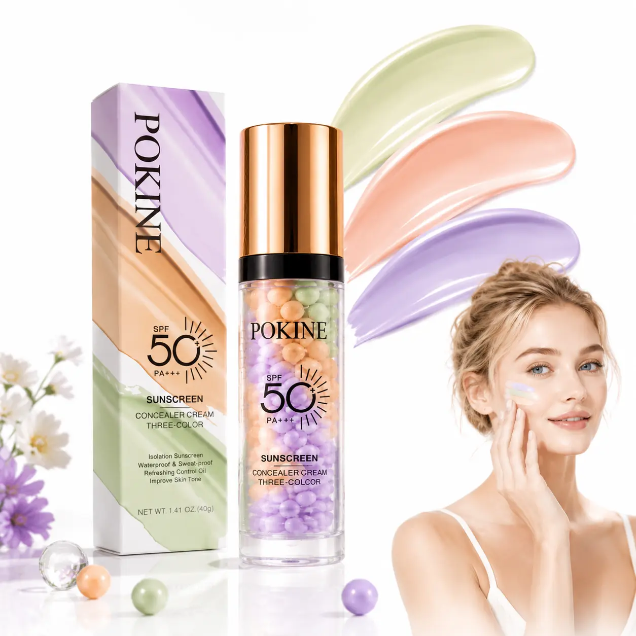 3PCS SPF50+ PA+++ 3-in-1 Sunscreen & Isolation Cream, Color Correcting Face Primer, Oil-Control Pre-Makeup Base, UV Protection, Hydrating Moisturizer for Skin