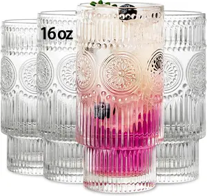 4 Pack Large 16oz Ribbed Glassware Set, Flower Design Stackable Glass Cups,  Textured Clear Striped Drinking Glasses Set, for Bar Beverages,Juice,Water,,Iced Coffee