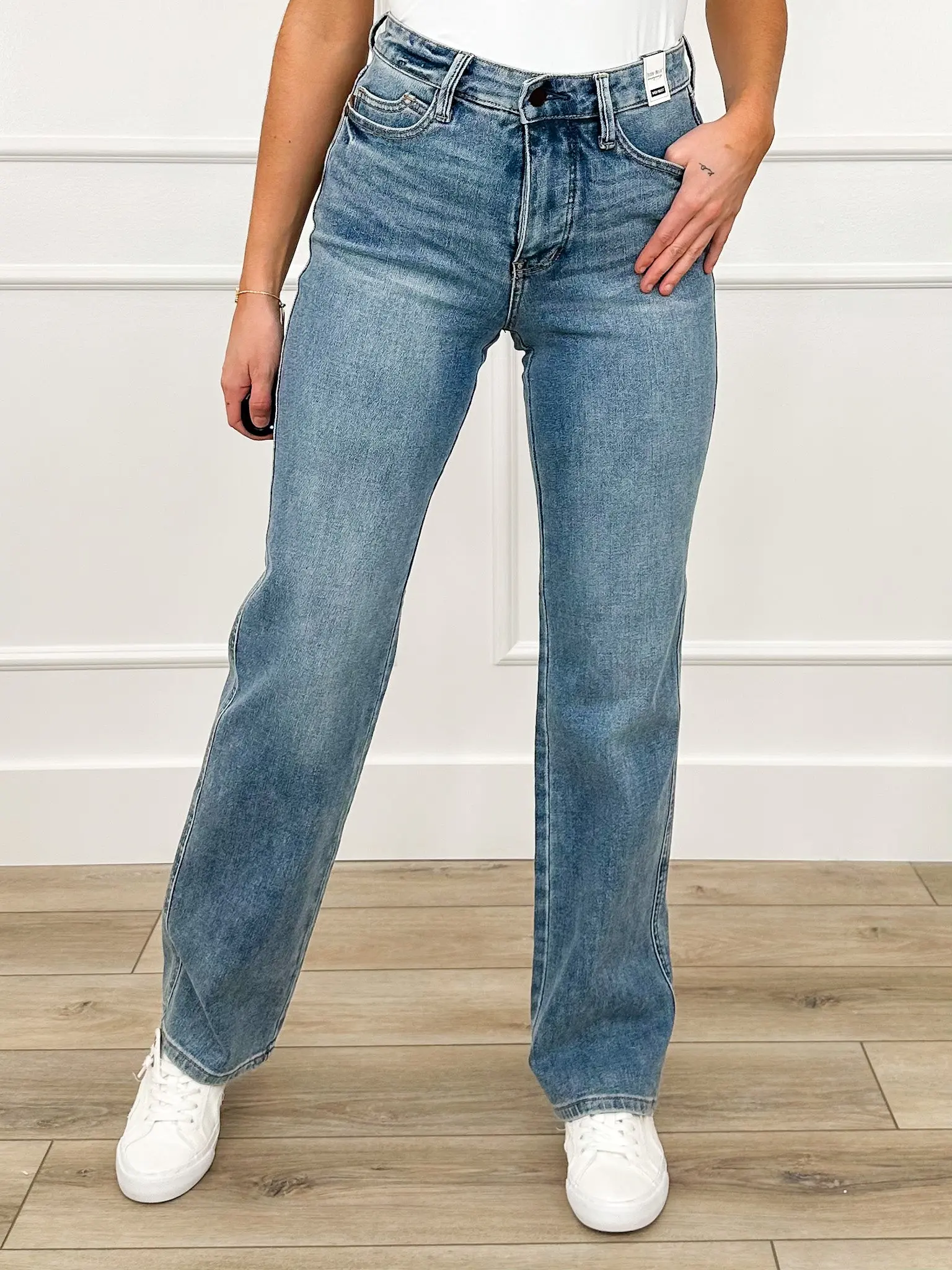 Judy Blue Tatum Women's High-Rise Slim Straight Jeans - Medium Wash Stretchy Denim with Built-in Tummy Control Panel, Spandex, Bottoms, Fabric, Soft, Fitted, Built-In Support, Multi-Size, Tummy Panel, Elastane, 18W, Comfy Ootd, Simple Fits, Polyester