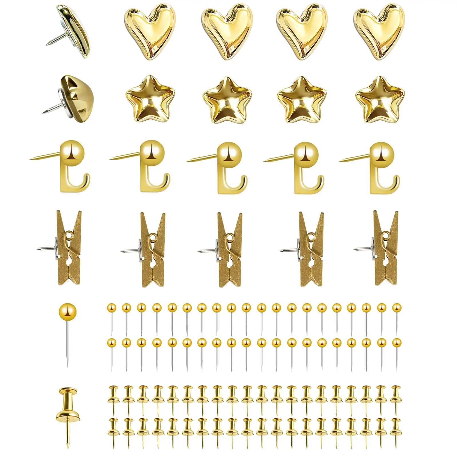 100-Piece Stainless Steel Gold Push Pins Variety Pack, Bend-Resistant Clip-Style Thumb Tacks with Hook Clips, 6 Multiple Styles Decorative Office Stationery for Cork Boards, Classrooms (Stars, Hearts Designs Included), Cracking, Resin Steel
