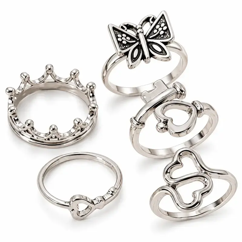 5-Piece Punk Style Ring Set, Unique Fashion Heart Butterfly Crown Stackable Rings, JewelryStylish Accessory Gift,Minimalist Lightweight Light Luxury Vacations