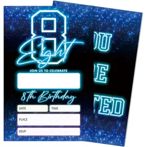 Blue 8th Birthday Party Invitations for Boys, Glow Neon Birthday Invitations, 20 Double Sided Invite Cards with Envelopes for  Girls, Party Decorations Supplies, 4"x6"-C08
