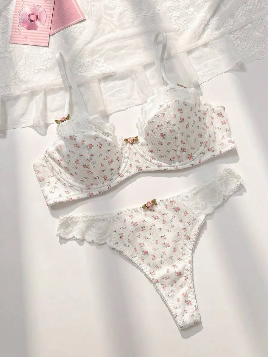 Ditsy Floral Print Contrast Lace Underwire Bra & Panty Lingerie Set Bountiful Floral Splendor
