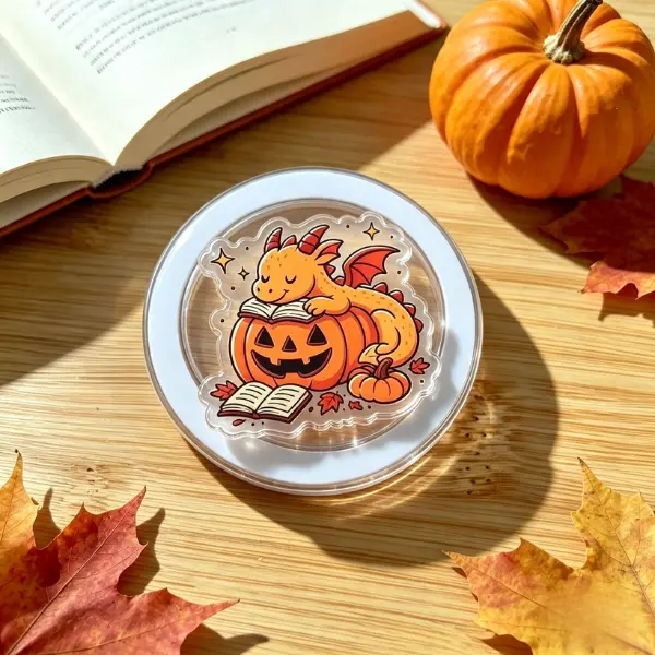 Cute Pumpkin Dragon Reading MagSafe Phone Grip, Cozy Autumn Aesthetic PopSocket, Halloween Little Dragon Bookish Accessory, Spooky Fall Reader Gift, BookTok Merch