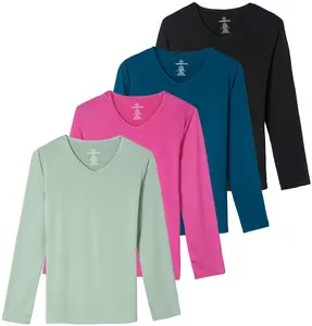 Real Essentials 4-Pack: Women's Dry-Fit Long-Sleeve V-Neck Athletic Workout Shirt (Available in Plus Size)