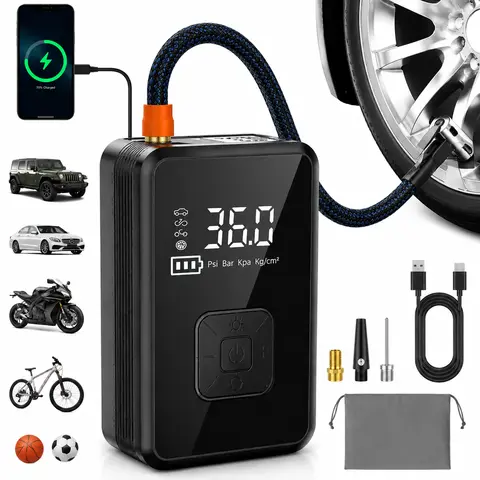 Cordless Car Tire Inflator - Portable Cylindrical Air Compressor with High-Capacity Batteries, 390-Type Motor, Wireless Digital Display, USB-C, LED Flashlight, Enhanced Safety, Emergency Power Supply, Tire Pressure Monitoring & Repair Kit, Car Accessories