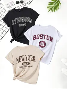 Women's Letter Print Round Neck Tee, Casual Short Sleeve Fitted T-shirt for Summer, Ladies Clothes for Daily Wear, Top