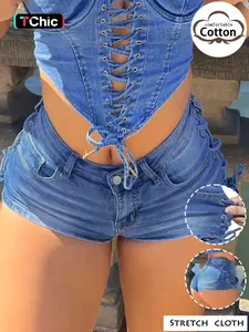 GILIPUR Women's Light Blue Washed Low Waist Denim Shorts, Side Lace Up Tie Detail Slim Fit Bodycon Mini Hot Pants with Pockets, Sexy Casual Streetwear for Summer Beach Vacation Club Party Night Out TChic