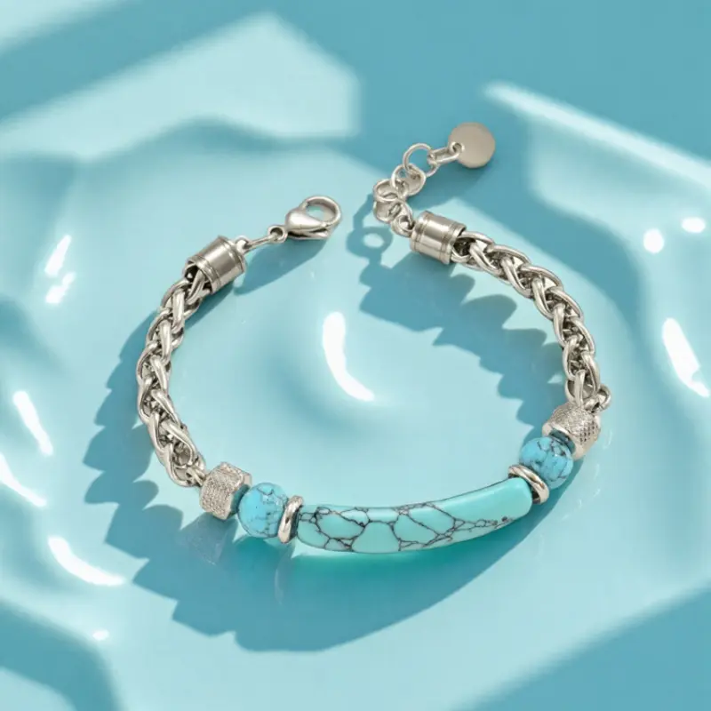 Women's Premium Bracelet - Stainless Steel Boho Elegant Casual Bangle, Personalized Light Luxury Synthetic Turquoise Jewelry with Exquisite Workmanship, Ideal for Daily Wear & Vacation Gifts, Alternative Artistic Bracelets & Bangles, Anniversary, Arm Cand