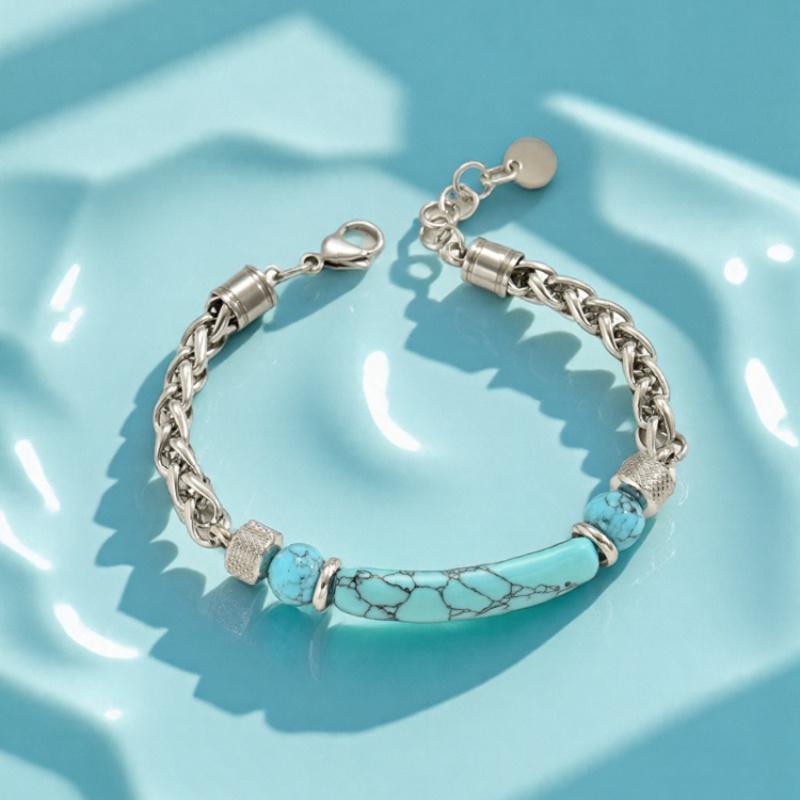 Women's Premium Stainless Steel Geometric Boho Bracelet-Bangle, Unisex Personalized Synthetic Turquoise Fashion Jewelry with Casual Daily Elegance, Steel Strength, Exquisite Workmanship, Ideal for Valentine Gifts