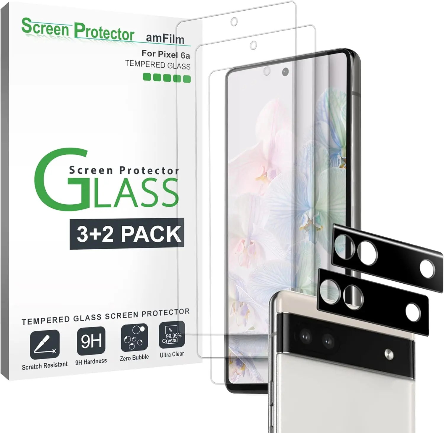 amFilm Screen Protector for Google Pixel 6/6A -5G(2022)/7a/7Pro/6Pro/8/8Pro, with 2 Pack Camera Lens Protector, 0.33mm Thickness, HD Clear, Anti-Scratch Bubbles-Free, Glass, 3+2 Pack