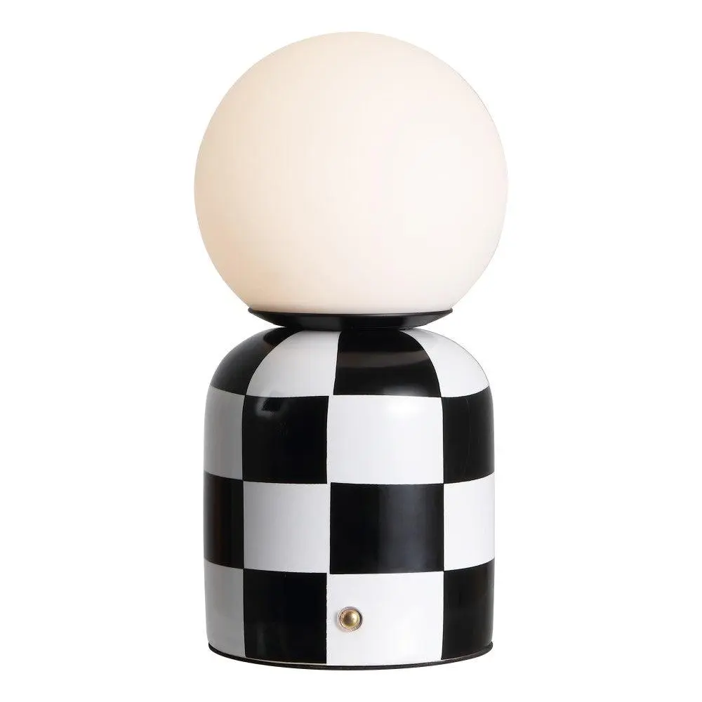 Zira 10" Modern Checkerboard Ceramic Base Round Globe Frosted Shade LED Table Lamp, Rechargeable Cordless Portable Integrated Dimmable with Touch Sensor