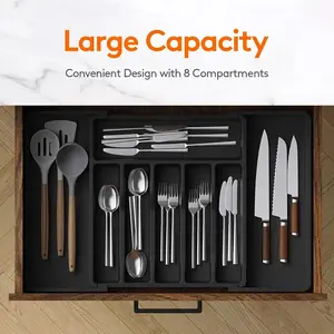 Expandable Kitchen Drawer Organizer - Adjustable Cutlery Tray for Knife, Fork, Spoon, Utensil Storage Box with Retractable Width Black