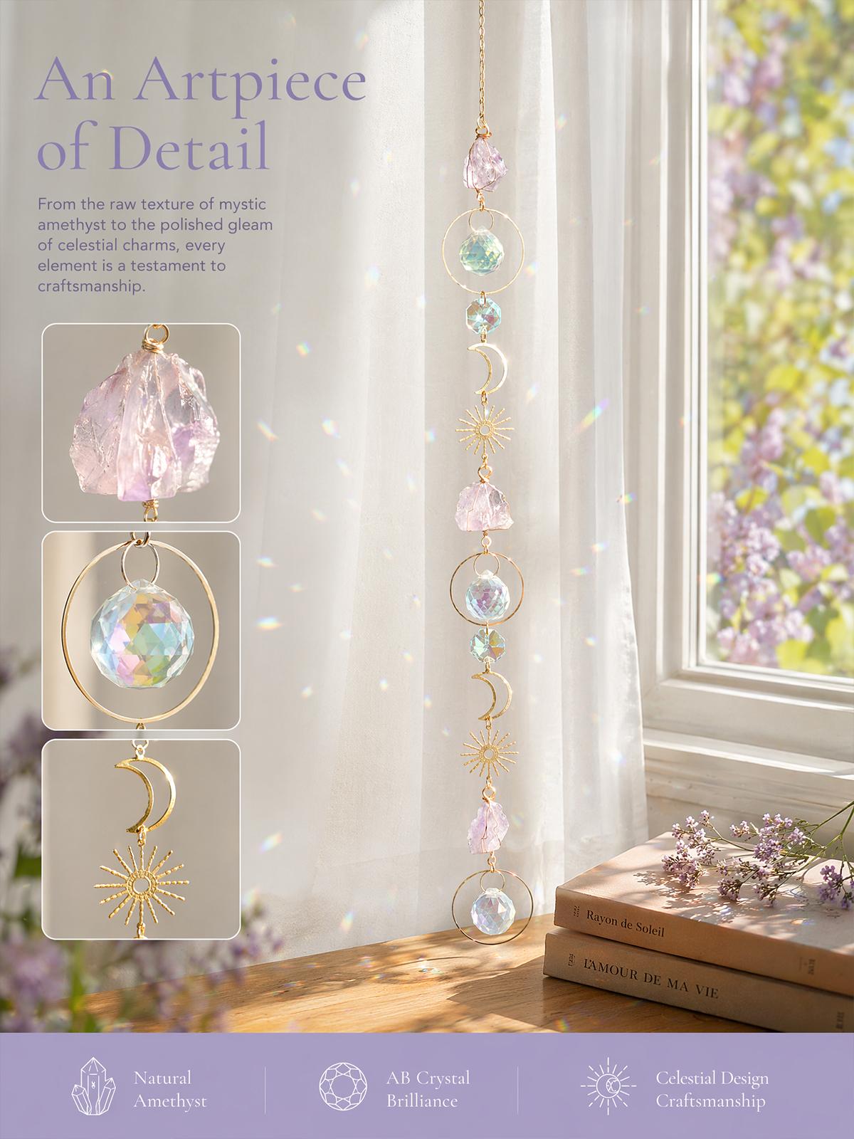 Crystal Sun Catcher, Amethyst Suncatchers Hanging Wind Chime, Handmade Rainbow Maker Indoor Outdoor Decor for Window Bedroom Courtyard Garden, Bless Gift
