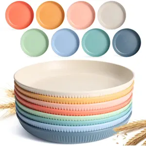 8 PACK 9 Inches Lightweight Reusable Wheat Straw Dinner Plates, Unbreakable, Microwave & Dishwasher Safe, Easy to Clean