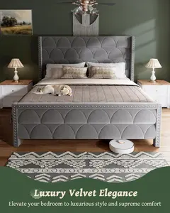King Size Bed Frame with 56" Headboard - 1000LBS Capacity Support, Velvet Upholstered Wingback Platform Bed Frame, Noise Free, Sturdy Wooden Slat Support royalty  headboard