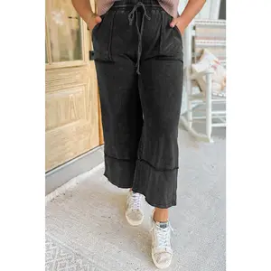 Black Plus Mineral Wash Exposed Seam Wide Leg Cropped Pants