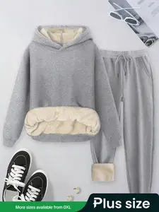 [Plus Size] Solid Color Hoodie & Pocket Pants Thermal Lined Two-piece Set, Casual Loose Baggy Long Sleeve Hooded Sweatshirt & Drawstring Waist Trousers for Spring & Fall, Women's Clothes for Daily Wear, Womenswear