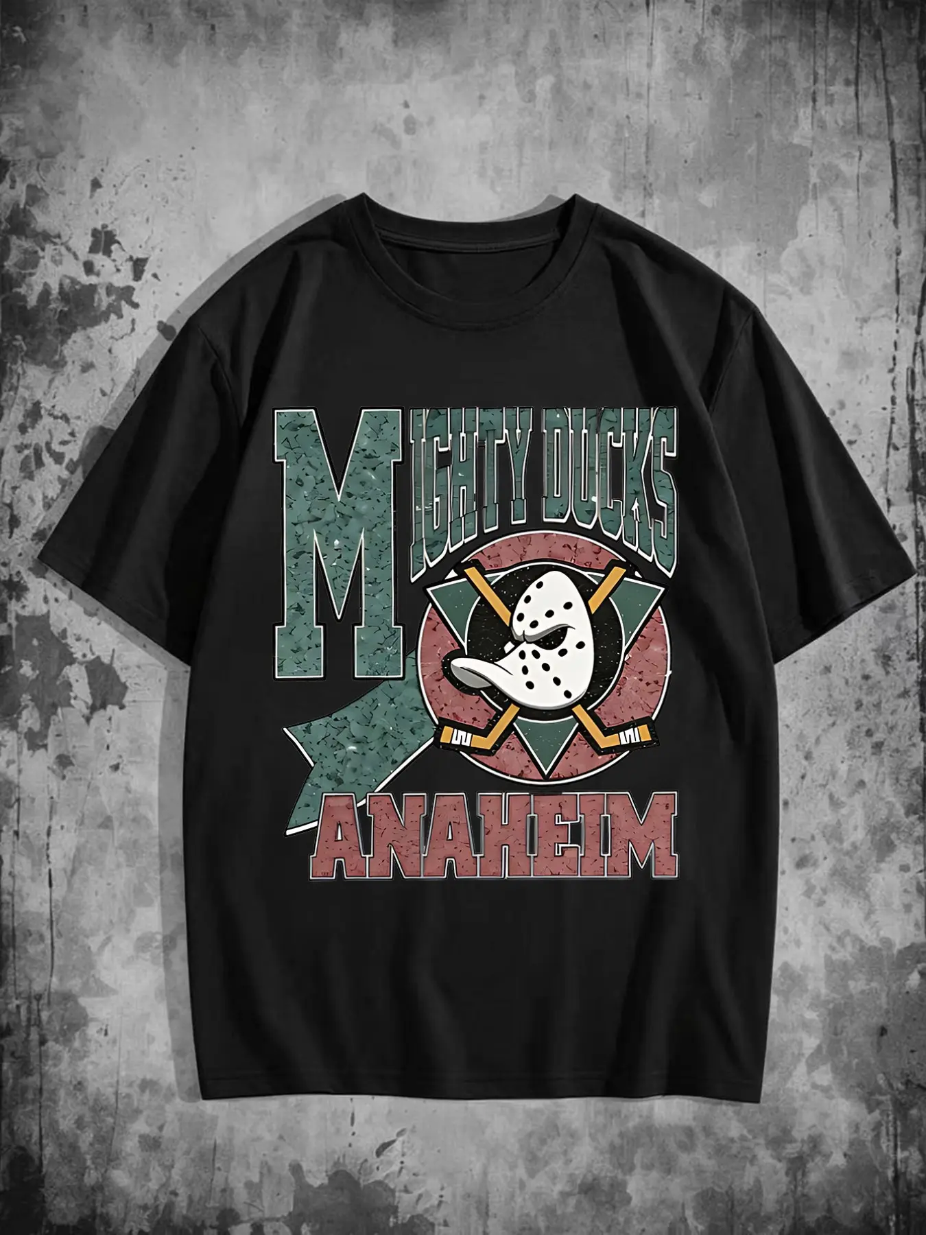 Mighty Ducks Anaheim Print T-Shirt, Casual Loose-Fitting Top, Retro Ice Hockey Style, Short Sleeve, Team Badge Fashion