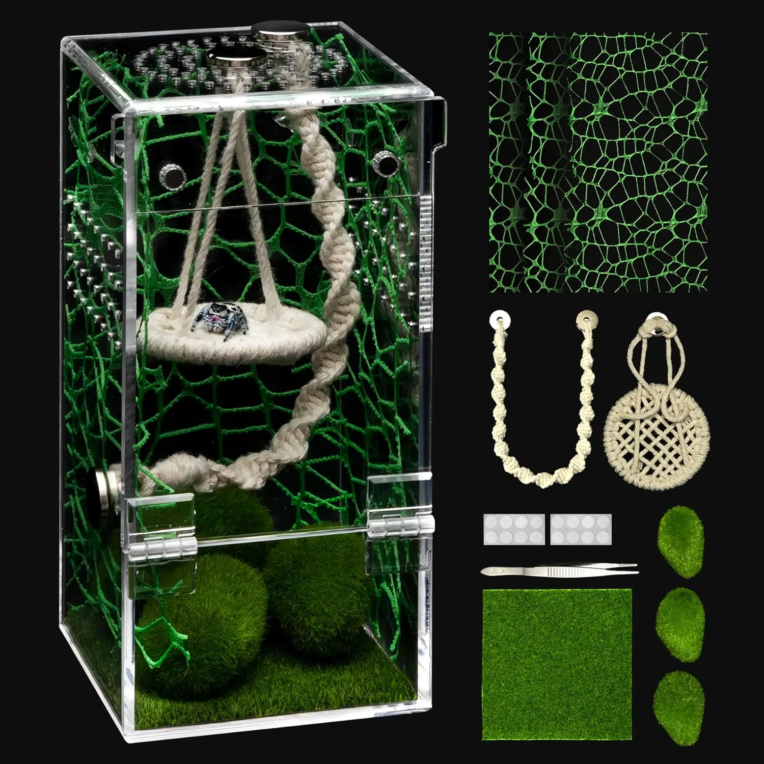 Arboreal Reptile & Bug Terrarium Kit Set - Escape-Proof, 1.2 mm Micro-Holes Ventilated, Magnetic Door Rectangle Transparent Acrylic Enclosure for Spiders, Praying Mantises, Tarantulas, Snails, All-In-One Seamless Design