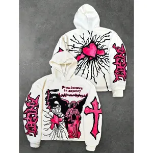 menswear Drippy.Men'S Street INS Pink Heart Angel Cross Gothic Font Short-Length Reversible Printed White Rapper Hoodie, Fall And Winter Graphic Going Out Street Wear Long Sleeve Hoodie, For Friends, Husband, Boyfriend Gift