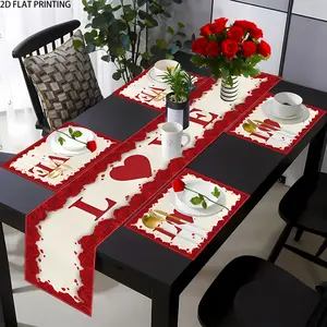 2D flat printing, 1/4/6/5/7 pieces set, Valentine's Day table flag placemat set, Coasters, rose flower red heart pattern, suitable for anniversaries, weddings, festivals, kitchens, restaurants, indoor and outdoor decoration