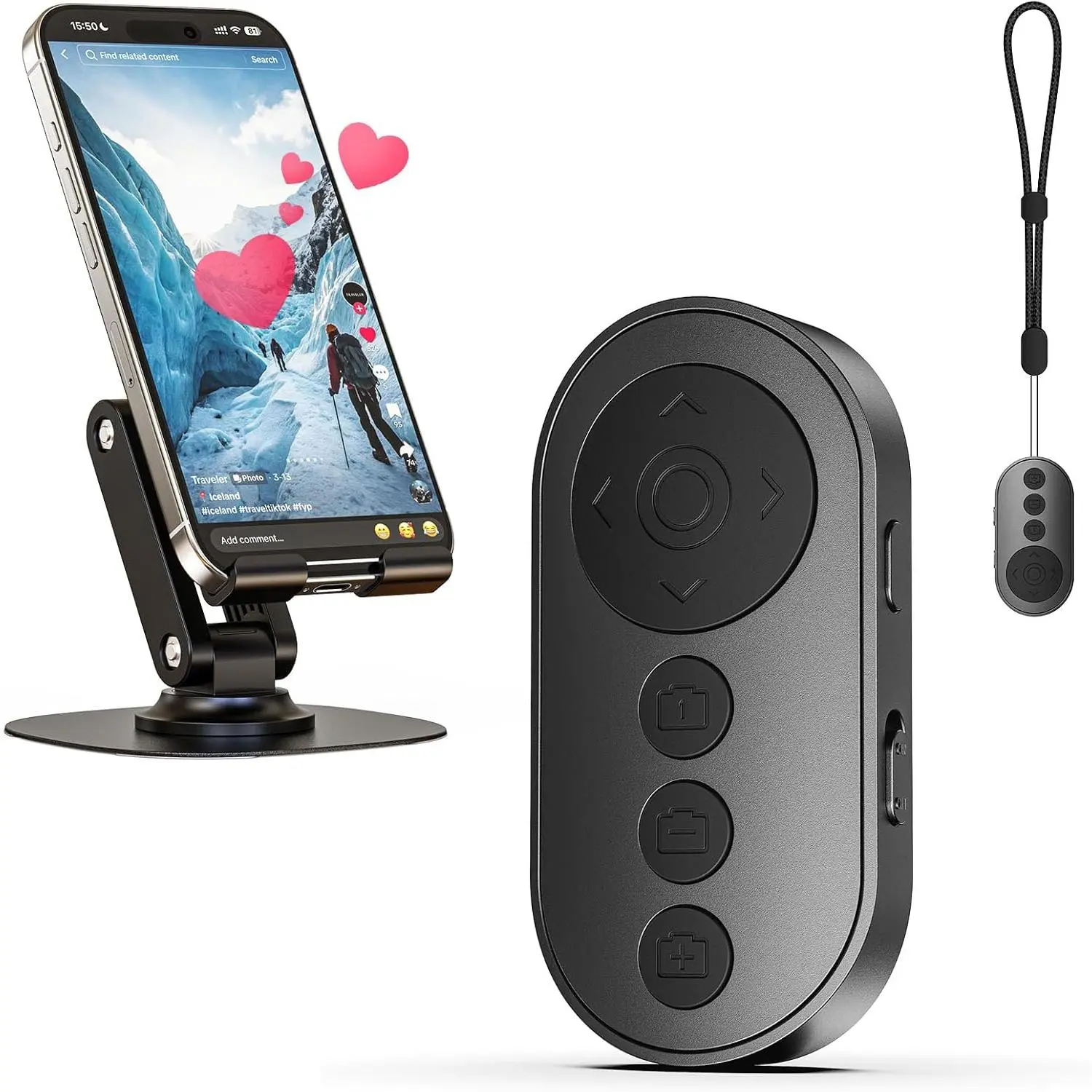 Scrolling Ring Bluetooth Remote Control for TikTok, Kindle App Page Turner for Reading, Camera Shutter Remote for Phone Video Recording, Bluetooth Clicker with Phone Stand for iPhone, Android, iOS, iPad-Pink (Black)
