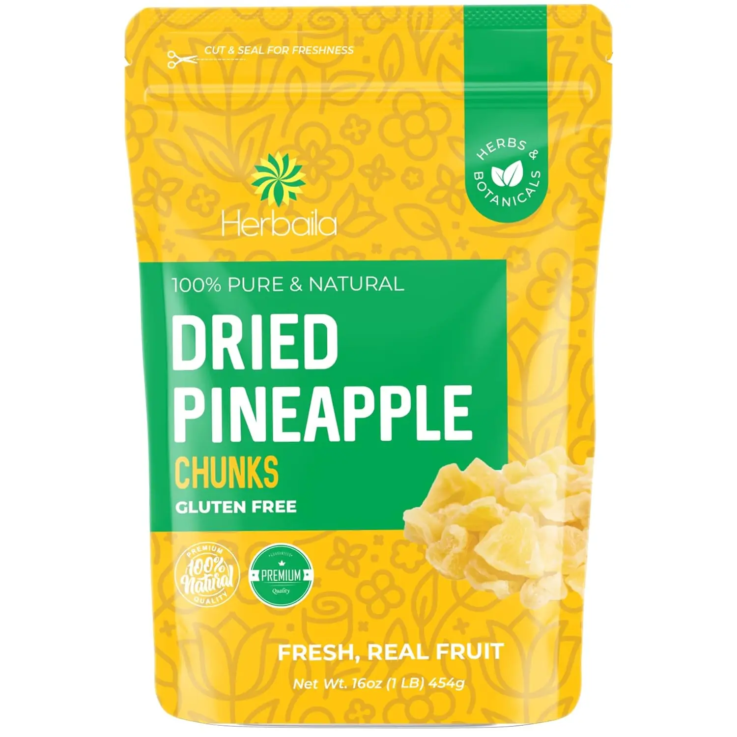 Herbaila Dried Pineapple Chunks, 1 Pound. Dehydrated Pineapple Chunk, Dehydrated Pineapple Bulk, Dried Pineapple Bits. All Natural, Non-GMO, Lightly Sweetened Dried Pineapples, 16 oz.