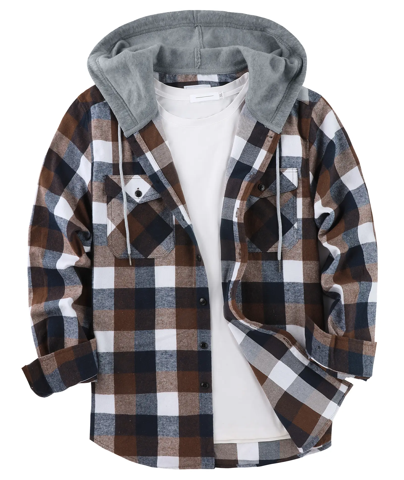 ZITY Men's Plaid Print Button Front Drawstring Hooded Shirt, Regular Fit Casual Pocket Long Sleeve Outerwear for Spring & Fall