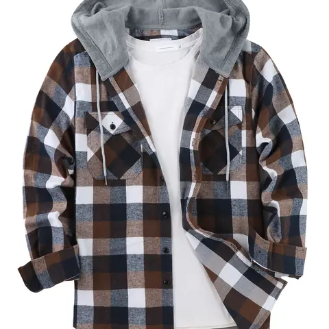 ZITY Men's Fashion Checked Fabric Hooded Button-Front Shirt Jacket - Fitted Regular-Fit Long-Sleeve Male Top with Drawstring Hood, Buttons, Pockets for Spring, Fall