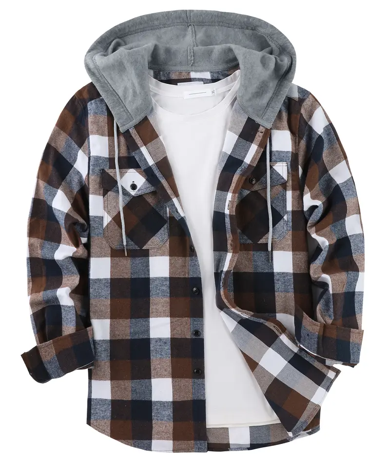 ZITY Men's Flannel Hooded Plaid Shirt Jacket with Pockets Long Sleeve Casual Button Down Medium Size Stylish Winter Coat Classic Checkered Design Classic Menswear Checkered Small Sweatshirts Tops Checked